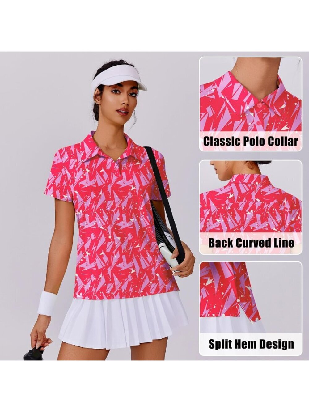 Womens Geometry Pink Golf Shirt UPF50+ Polo Short Sleeve 3 Button Tennis Top - Picture 5 of 6